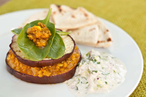 Red Lentil Dahl, Eggplant and Spinach Stack with Raita